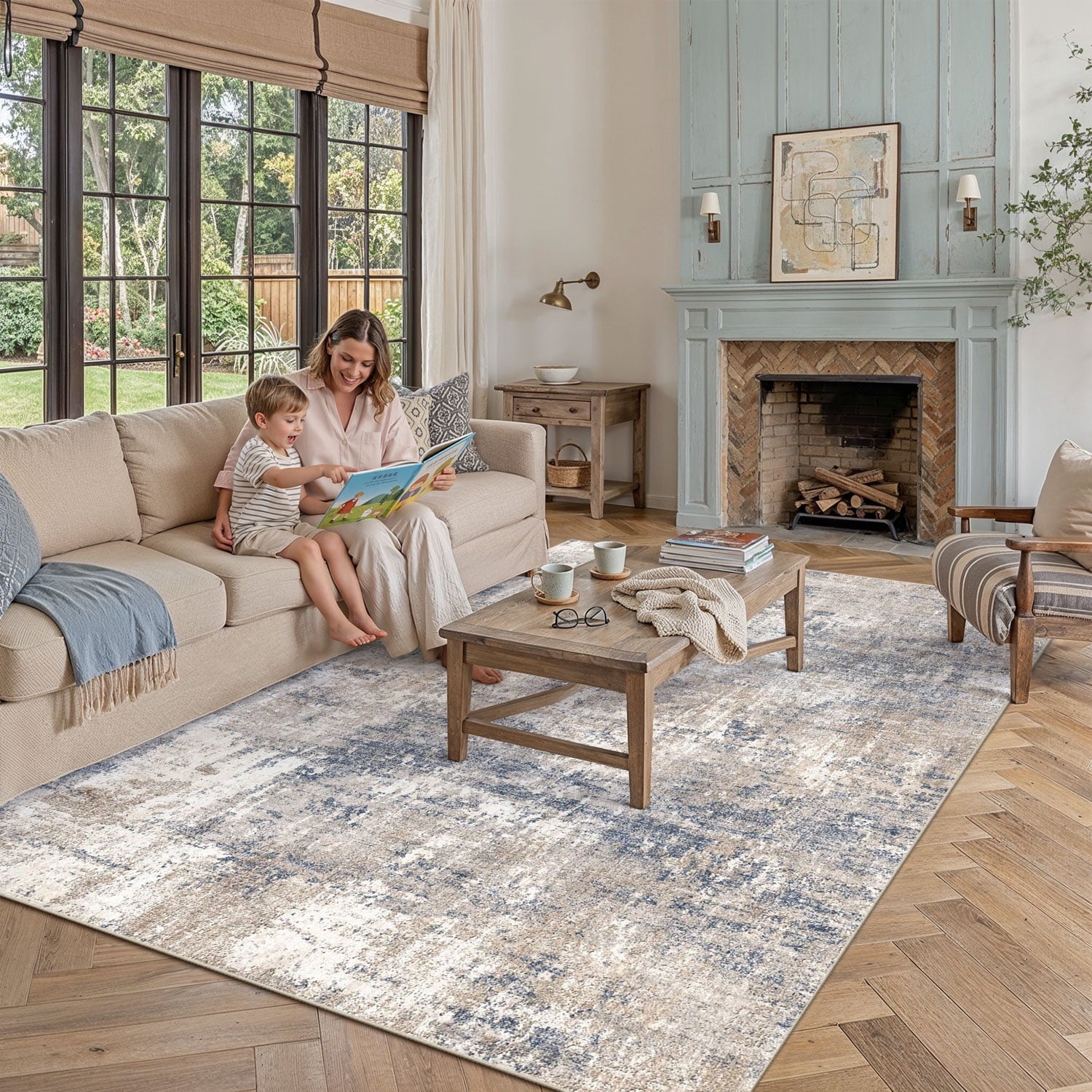 BERTHMEER 5'x7' Modern Abstract Blue Area Rugs for Living Room Bedroom Dining Room Office Farmhouse Machine Washable Non-slip Throw Rugs Carpets