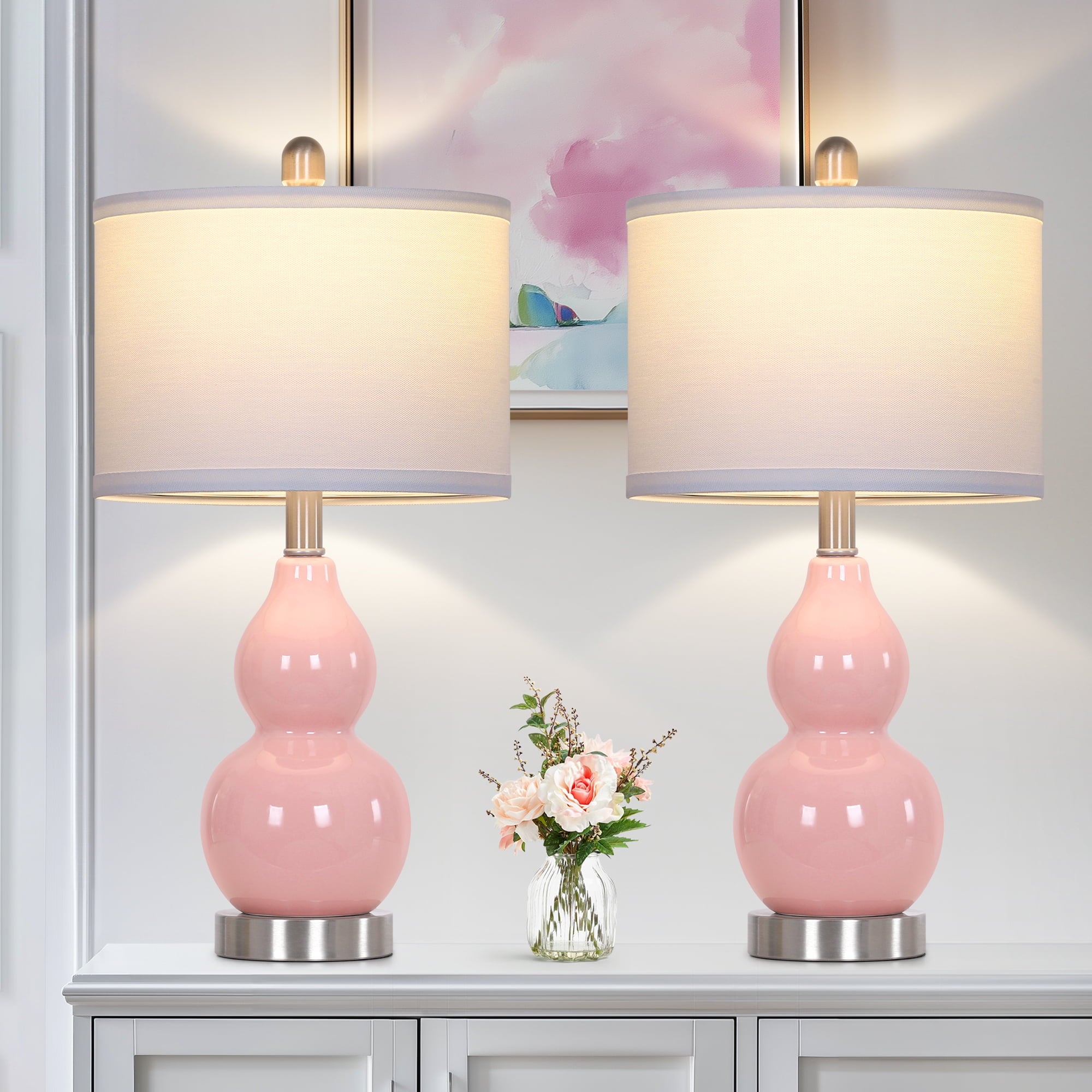 June Cinkeda Double Gourd Ceramic Table Lamps Set Of 2 For Bedroom Living Room 22 Modern White Gold Nightstand Bedside Lamp With Shade