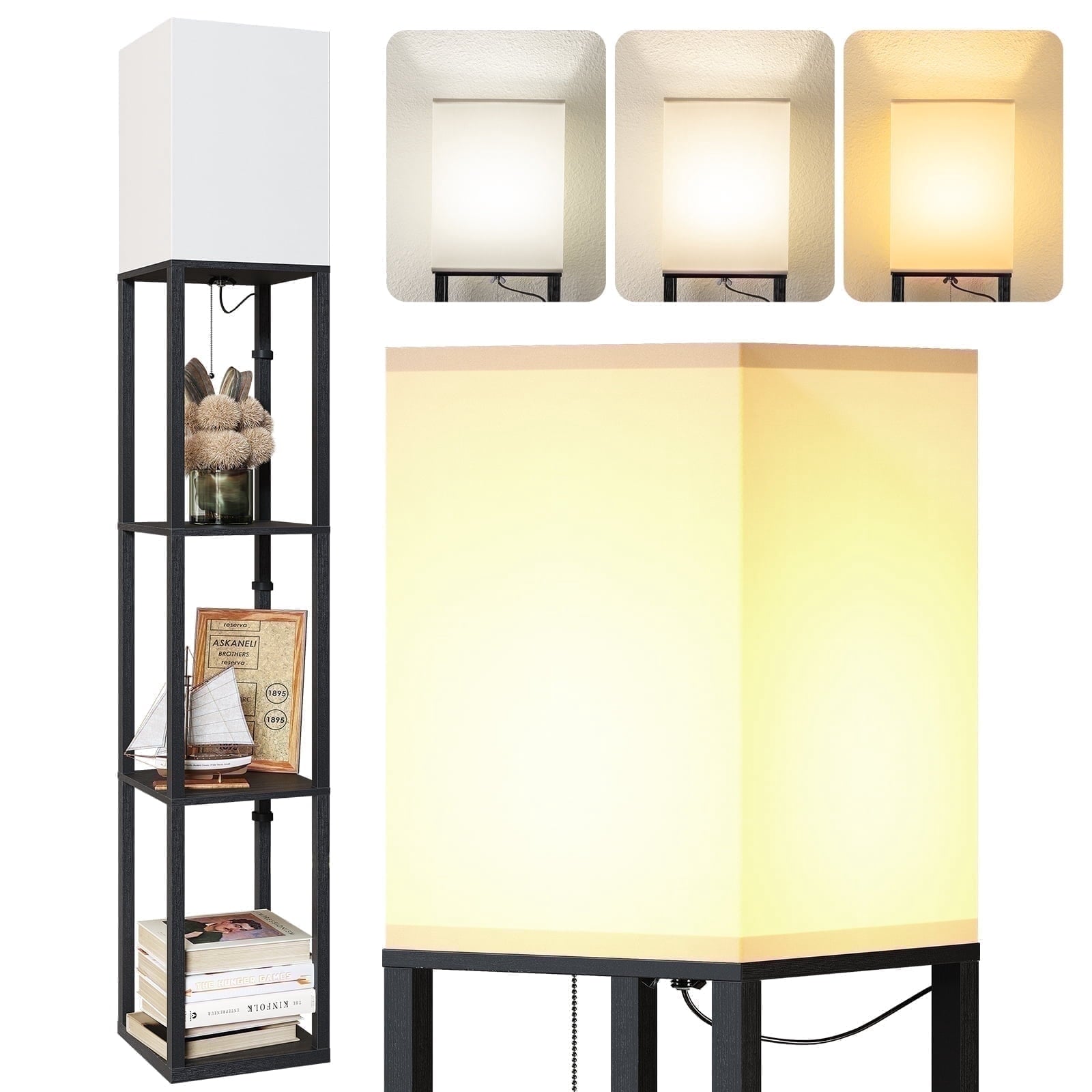 SUNMORY 63'' Floor Lamps with Shelves, Home Standing  Lamp, Include 1000 Lumens Lighting Bulbs, Shelf Floor Lamp, Black Floor Lamps for Living Room, Bedroom, Lamp with Storage Dustproof, UL Certified