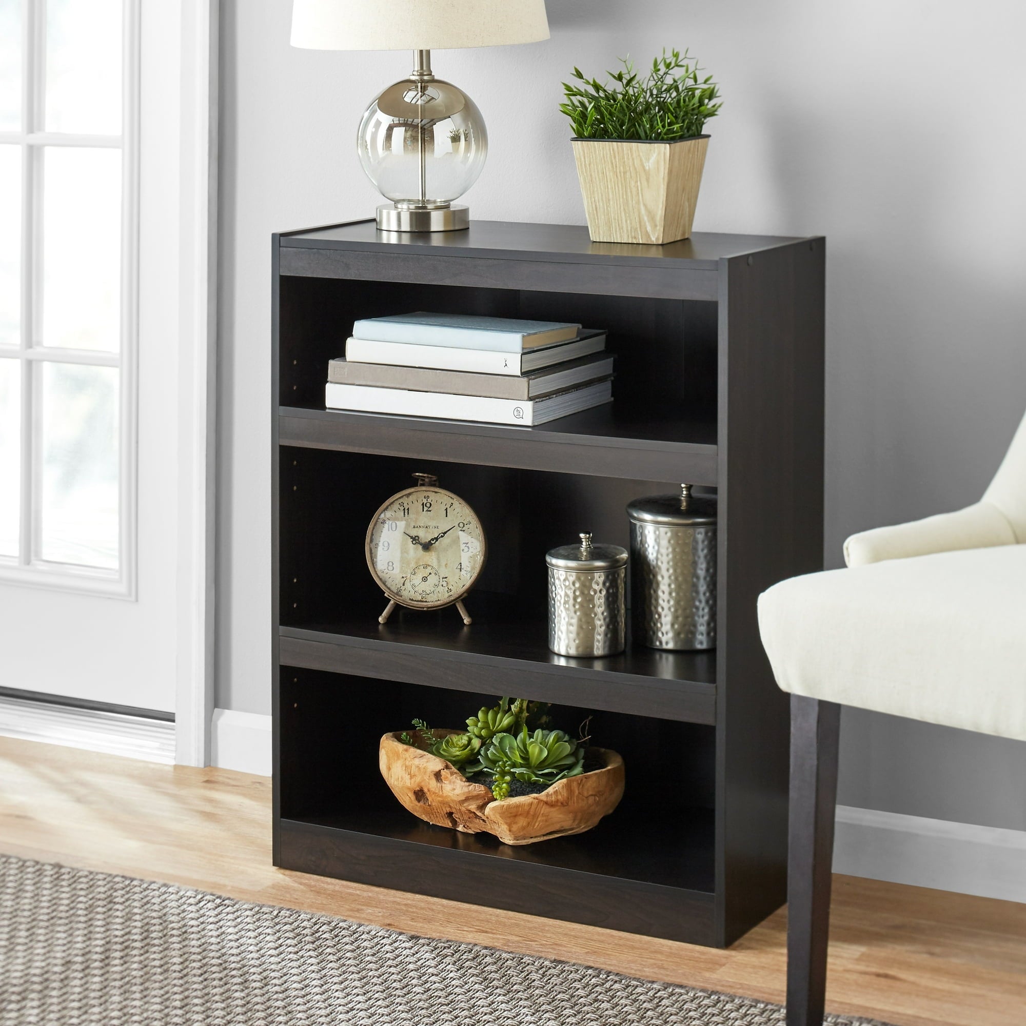 June Mainstays Framed 3-Shelf Bookcase with Adjustable Shelves, White