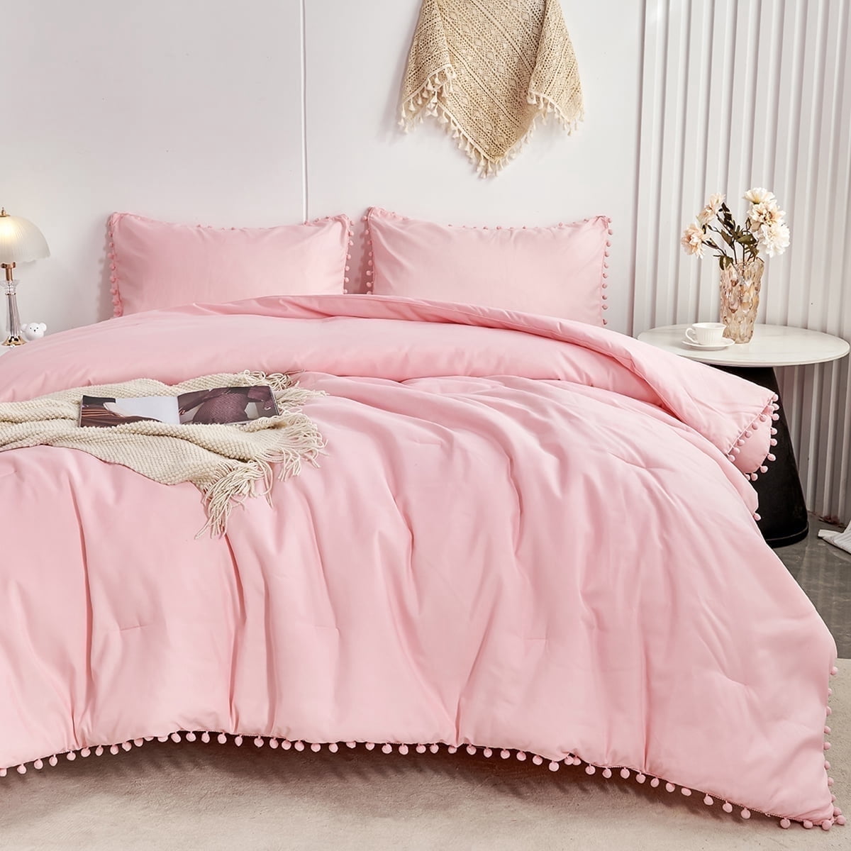 Rynghipy Pink Full Size Comforter Set Pom Fringe 3 P