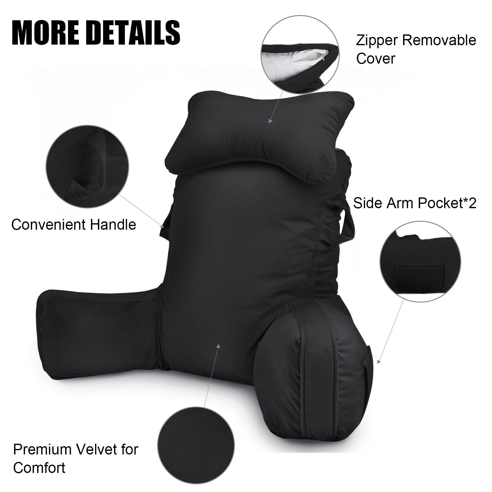 PHOGARY 31inch Reading Pillow for Bed Backrest with Arms - Black - Adult, Ultra-Comfy Microplush Cover & Detachable Neck Roll - Unmatched Support Bed Rest Sit Up Pillow